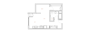 A floor plan of a small apartment with labeled rooms.