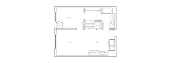 A floor plan of a room with labeled areas for living, dining, and sleeping.