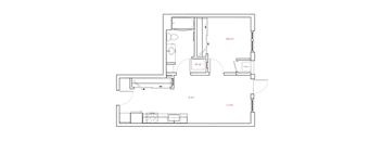 A floor plan of a house with labeled rooms such as REST, W/D, KECH, EAT, and LIVE.