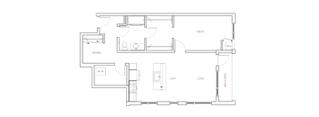 A floor plan of a house with a living room, dining room, kitchen, and bathrooms.