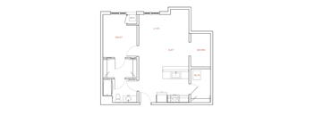 A floor plan of a house with labeled rooms such as "LIVE", "EAT", "WORK", and "REST".