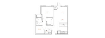 A floor plan of a small apartment with labeled rooms.