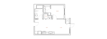 A floor plan of a house with labeled rooms including a living room, dining room, and kitchen.