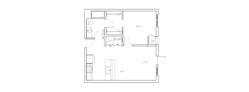 A floor plan of a house with labeled rooms such as "REST", "W/D", "LIVE", and "EAT".