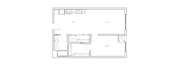 A floor plan of a room with labeled areas for Eat, Live, Rest, and W/D.