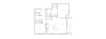 A floor plan of an apartment with a living room, dining room, kitchen, and bathrooms.