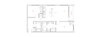 A floor plan of a house with labeled rooms such as "REST", "LIVE", and "EAT".
