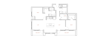 A floor plan of an apartment with a living room, dining room, kitchen, bedrooms and balconies.