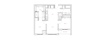 A floor plan of an apartment with labeled rooms such as