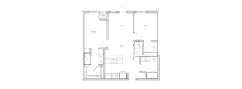 A floor plan of a small apartment with a living room, kitchen, and two bedrooms.