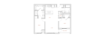 A floor plan of an apartment with labeled rooms.