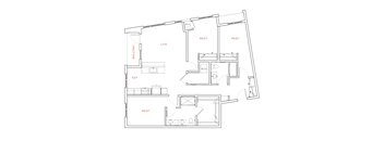 A floor plan of an apartment with a balcony, living room, dining room, kitchen, and two bedrooms.