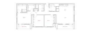 A floor plan of an apartment with a balcony on each side.