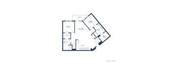 A floor plan of an apartment with a living room, kitchen, two bathrooms, and two bedrooms.