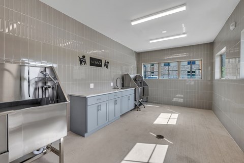 A clean, empty industrial kitchen with stainless steel appliances and grey cabinets.