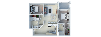 A 3D floor plan of a small apartment with a living room, kitchen, and bedrooms.