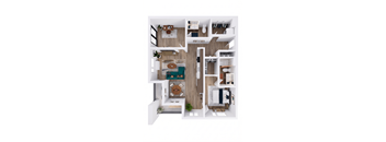 A top down view of a house interior with a kitchen, living room, and bedrooms.