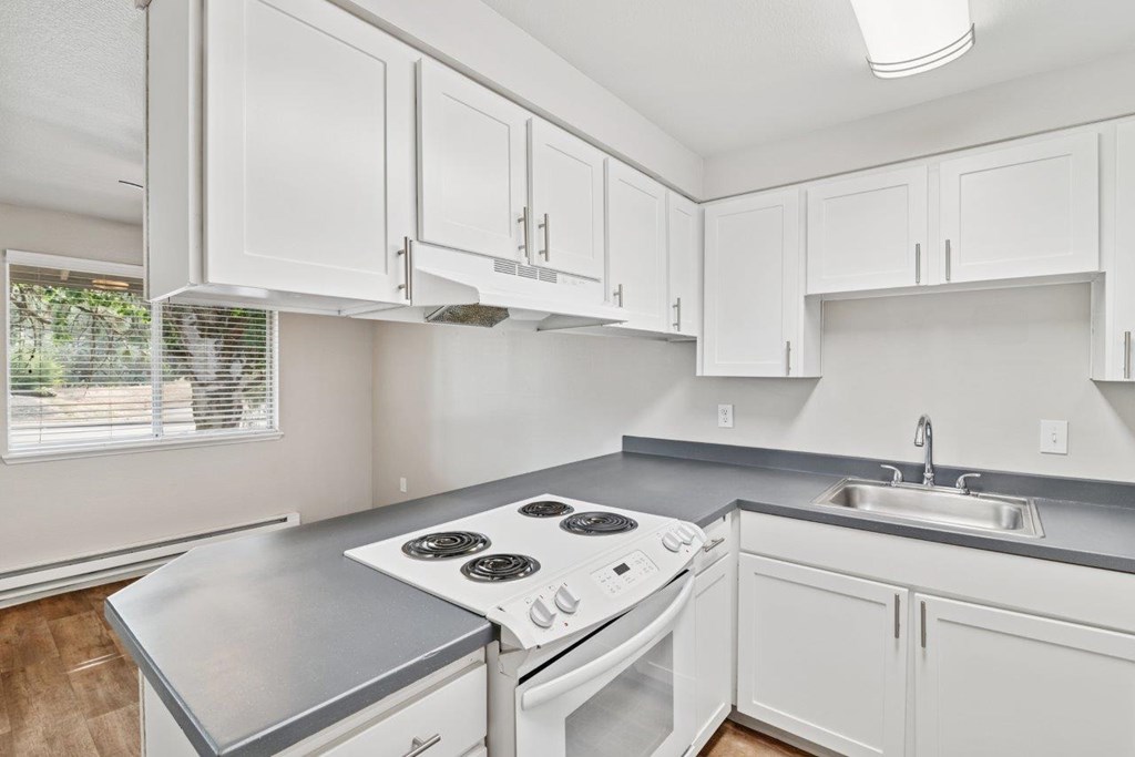 A white kitchen with a stove top oven and a sink.