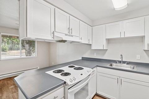 A white kitchen with a stove top oven and a sink.