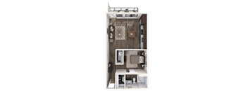 A top-down view of a small, neatly organized apartment.