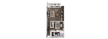 A top-down view of a small apartment with a kitchen, living room, and bathroom.