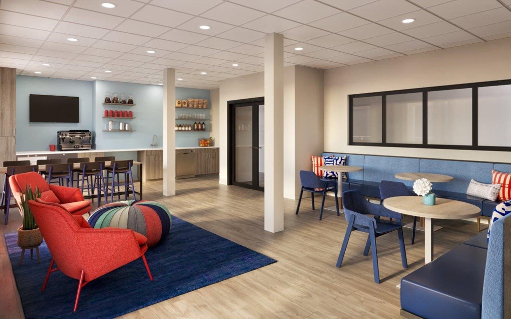 Adara SeaTac Apartments Resident Cafe with Kitchen and Seating