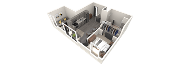 A 3D image of a small apartment with a kitchen, living room, and bedroom.