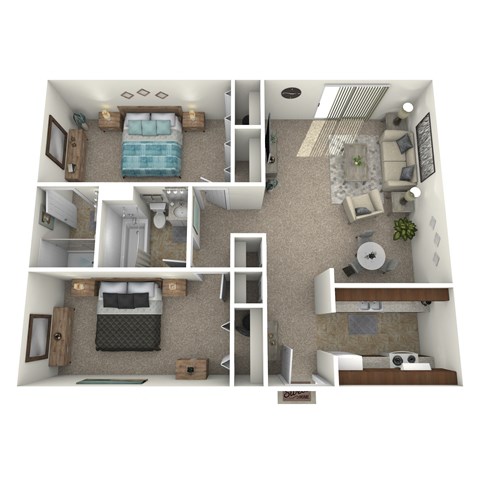 A 3D rendered image of a small apartment layout.