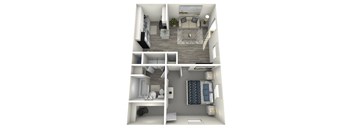 A 3D rendered image of a small apartment with a living room, kitchen, and bedroom.