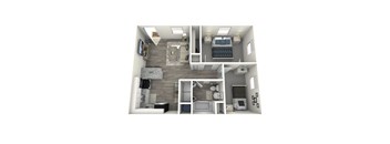 A 3D rendered image of a small apartment layout.