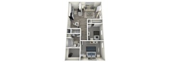 A 3D floor plan of a small apartment with a living room, kitchen, bedroom, and bathroom.