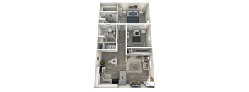 A 3D floor plan of a small apartment with a kitchen, living room, and bathroom.