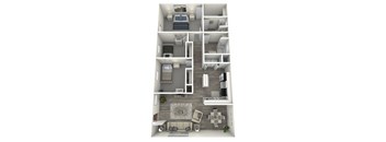 A 3D floor plan of a house with a living room, kitchen, and bedrooms.