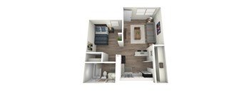 A 3D rendered image of a small apartment with a bedroom, bathroom, kitchen, and living room.