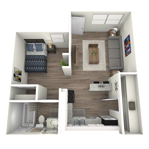 A 3D rendered image of a small apartment with a bedroom, bathroom, kitchen, and living room.