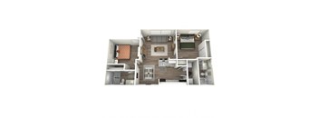 A top-down view of a modern apartment layout with a kitchen, living room, and bedroom.
