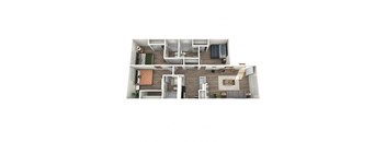 A top-down view of a modern apartment layout with a kitchen, living room, and bedrooms.