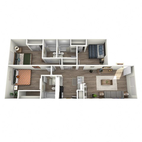 A top-down view of a modern apartment layout with a kitchen, living room, and bedrooms.