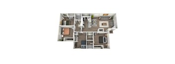 A top-down view of a small apartment with a kitchen, living room, and bedroom.