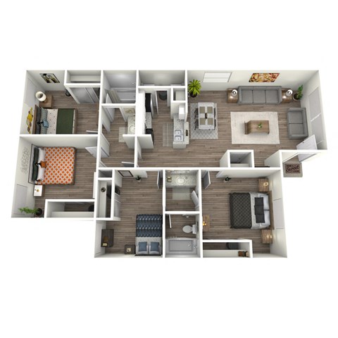 A top-down view of a small apartment with a kitchen, living room, and bedroom.