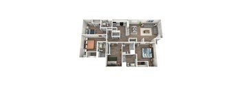 A 3D rendered image of a small apartment layout.