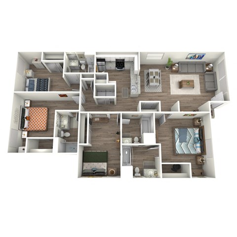 A 3D rendered image of a small apartment layout.