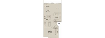 A floor plan of a small apartment with a living area, kitchen, bathroom, and bedroom.