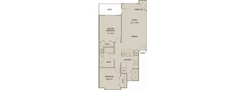 A floor plan of a house with a master bedroom, a bath, a kitchen, a living room, a dining room, and a closet.