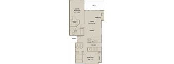 A floor plan of a small apartment with a master bedroom, living room, dining room, kitchen, and bathroom.