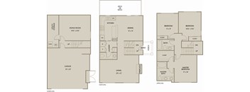 A floor plan of a house with a bonus room, two bedrooms, a kitchen, a dining room, a living room, a garage, a master bedroom, and a master bath.
