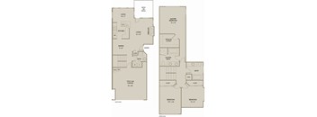 A floor plan of a house with two master bedrooms, a garage, and a deck or patio.