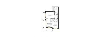 A floor plan of a1x1 B with a living room, kitchen, bedroom and bathroom.