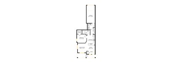 A floor plan of a house with a garage, living room, dining room, kitchen, and two bathrooms.