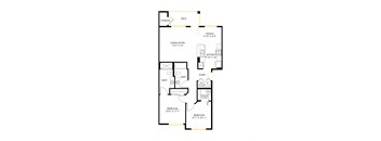 A floor plan of 2x2 B with a living room, dining room, kitchen, two bathrooms, and two bedrooms.